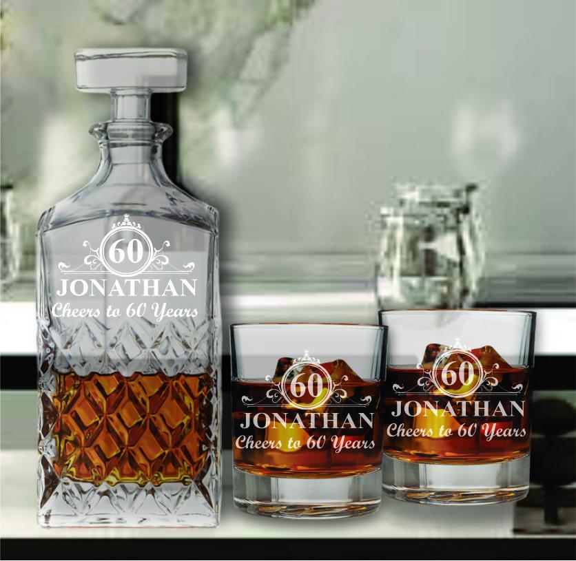 Custom 60th Birthday Whiskey Decanter Set - Personalized Whiskey Glasses - Gift for Dad - 60th Milestone Birthday Gift - Gifts for Men