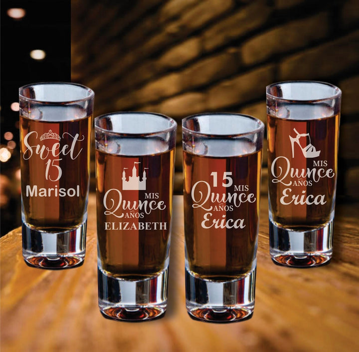 12 Pcs Set Personalized Quinceañera Shot Glass Party Favors - Sweet 15 Party Favor - Mis Quince Años Gifts for Guests - Custom Engraved