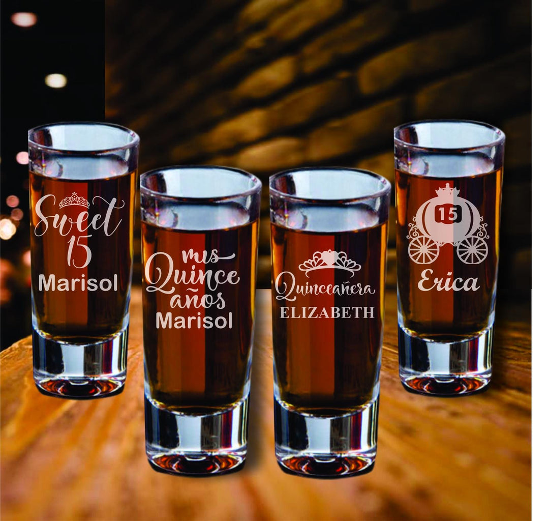 12 Pcs Set Personalized Quinceañera Shot Glass Party Favors - Sweet 15 Party Favor - Mis Quince Años Gifts for Guests - Custom Engraved