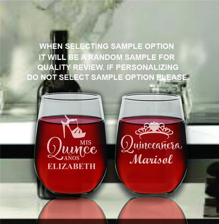 Set of 12 Sweet 15 Stemless Wine Glass Favors - Quinceañera Party Favors - Mis Quince Años Gifts for Guests - Custom Engraved Wine Glasses