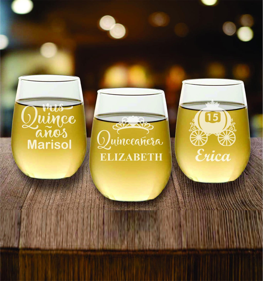 Set of 12 Sweet 15 Stemless Wine Glass Favors - Quinceañera Party Favors - Mis Quince Años Gifts for Guests - Custom Engraved Wine Glasses