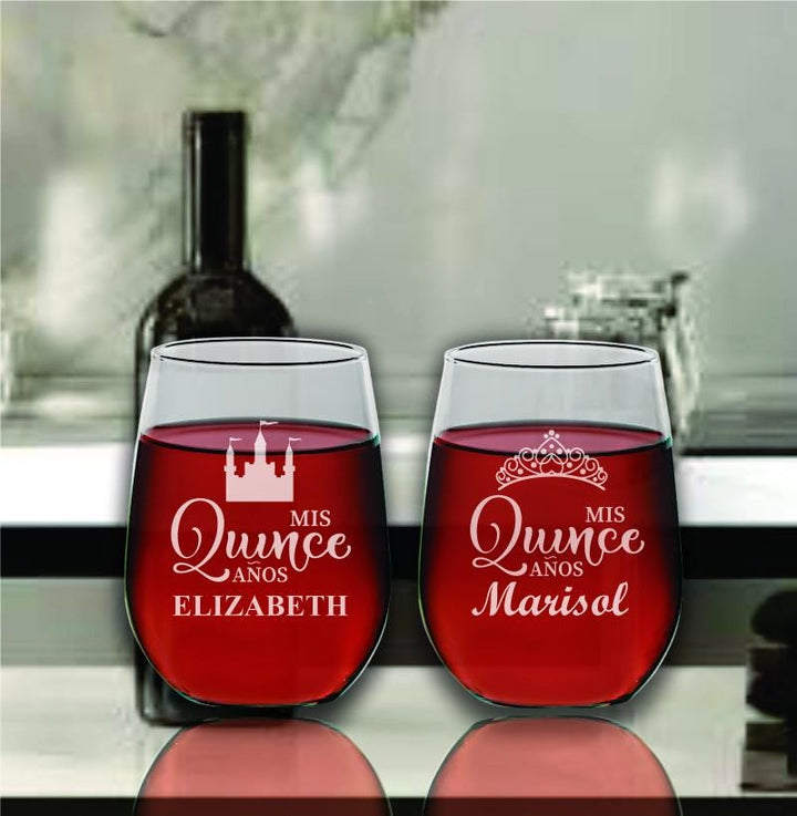 Set of 12 Sweet 15 Stemless Wine Glass Favors - Quinceañera Party Favors - Mis Quince Años Gifts for Guests - Custom Engraved Wine Glasses