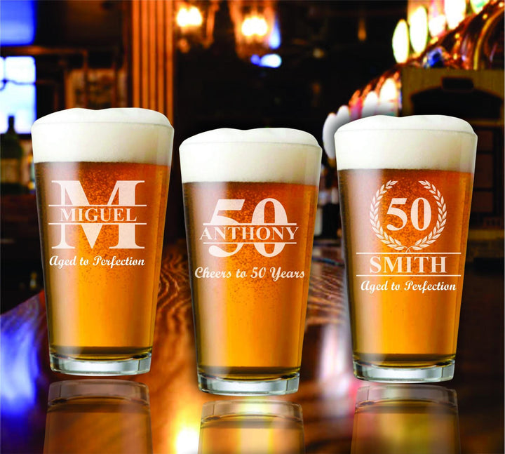 12 Pc Set 50th Birthday Pint Beer Glass Favors, Party Favor, Birthday Beer Glasses, Personalized , Cheers to 50 Years, Milestone Favors