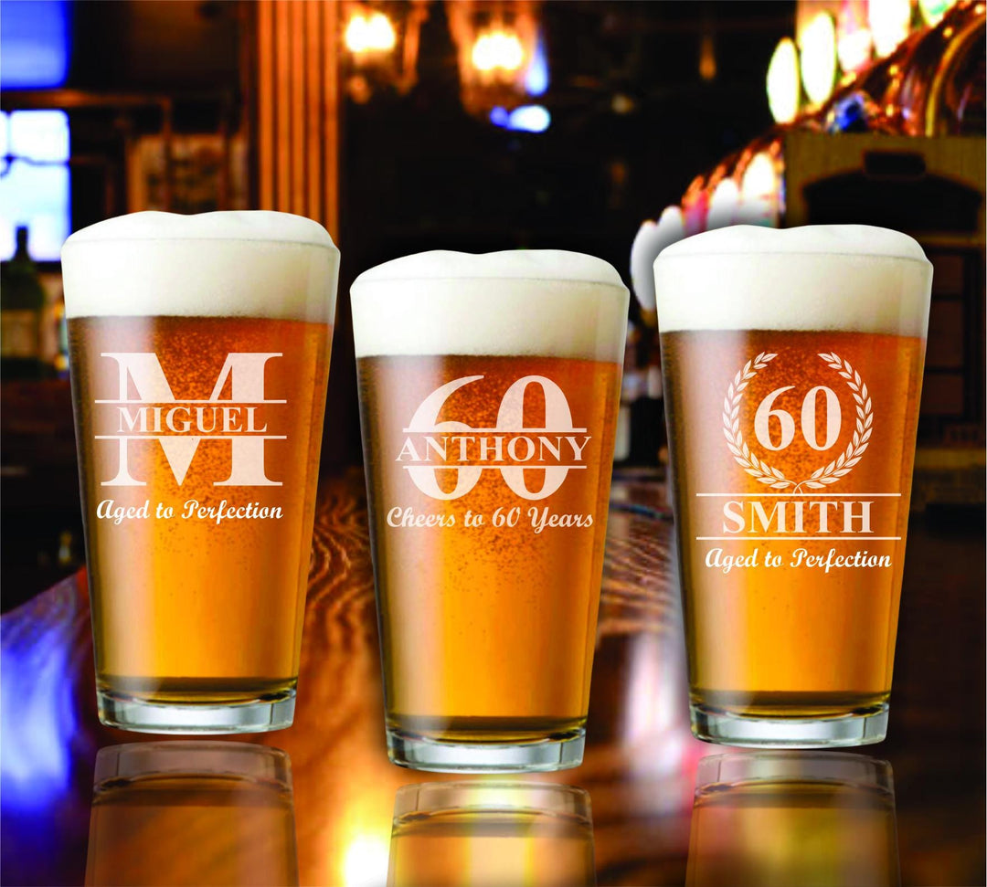 12 Pc Set 60th Birthday Pint Beer Glass Favors, Party Favor, Birthday Beer Glasses, Personalized , Cheers to 60 Years, Milestone Favors