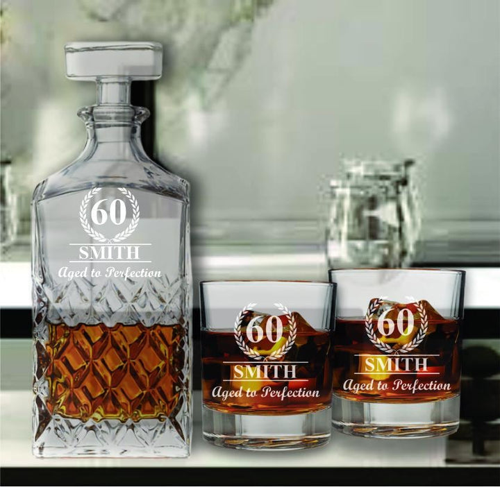 Custom 60th Birthday Whiskey Decanter Set - Personalized Whiskey Glasses - Gift for Dad - 60th Milestone Birthday Gift - Gifts for Men