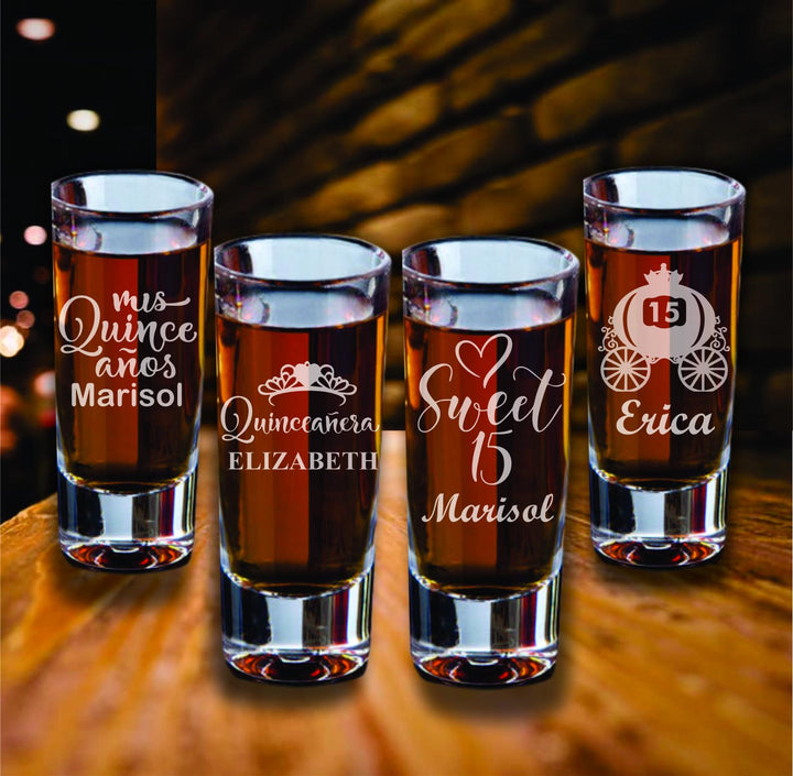 12 Pcs Set Personalized Quinceañera Shot Glass Party Favors - Sweet 15 Party Favor - Mis Quince Años Gifts for Guests - Custom Engraved