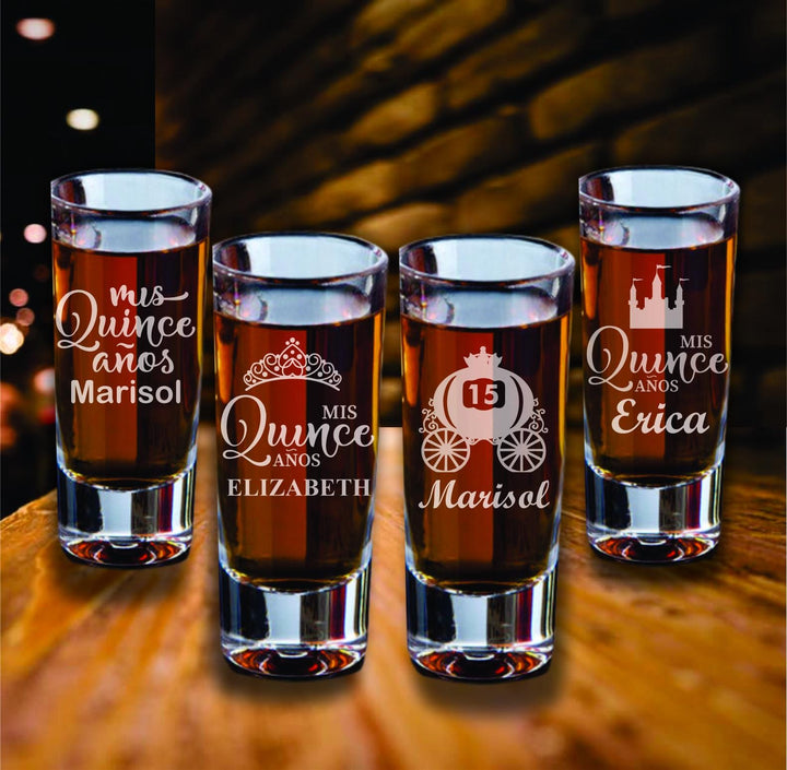12 Pcs Set Personalized Quinceañera Shot Glass Party Favors - Sweet 15 Party Favor - Mis Quince Años Gifts for Guests - Custom Engraved