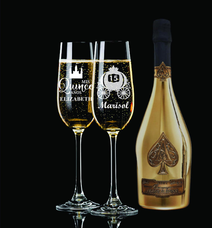 Set of 12 Quinceañera Stem Champagne Glass Favors - Mis Quince Años Party Favor - Sweet 15 Gifts for Guests - Custom Engraved Glasses