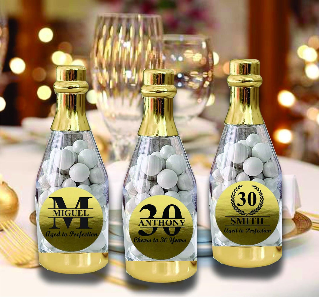 12 Pc Set 30th Personalized Birthday Champagne Bottle Favor Container, Gold Metallic Bottle Candy Container, Cheers to 30 Years Party Favors