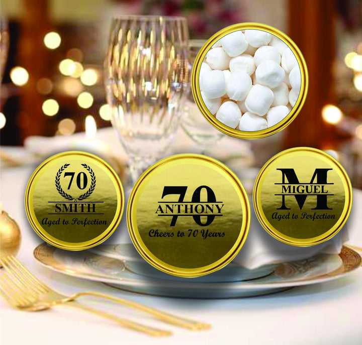 12 Pc Set 30th Personalized Birthday Mint Tin Favor, 2oz Gold Metal Candy Tin Container, Cheers to 30 Years, Milestone Party Favors