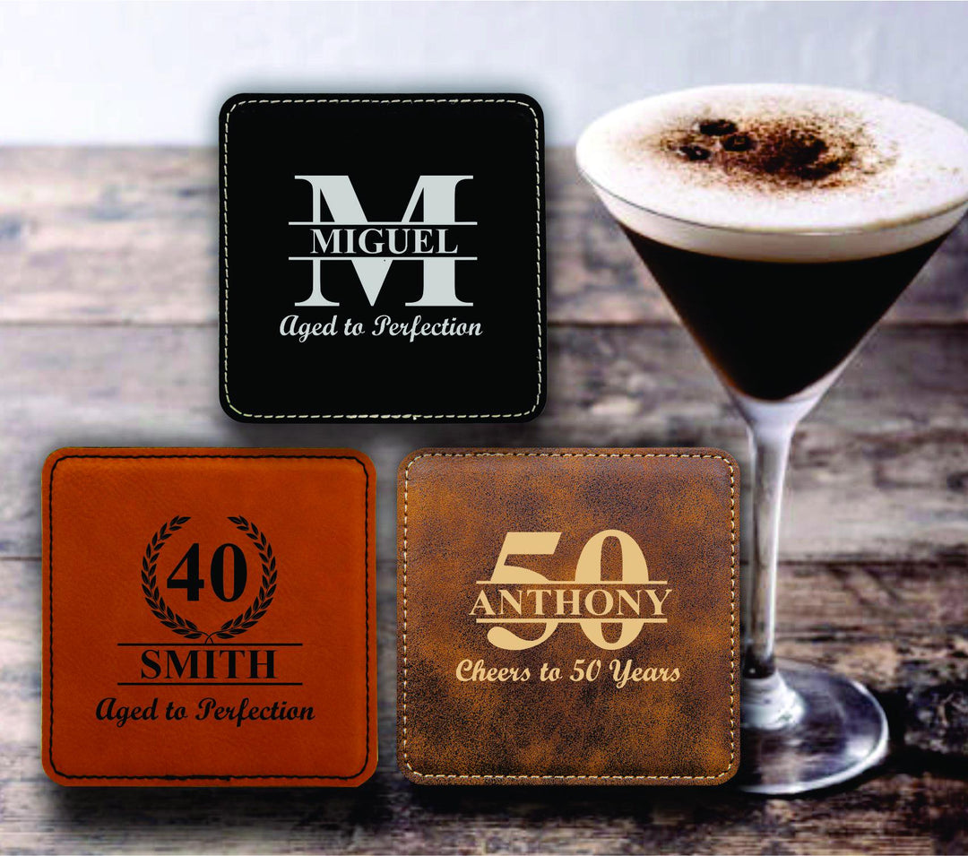 12 Pc Set Personalized 50th Birthday Drink Coaster Favor, Party Favors, Custom Leather Coasters, Cheers to 50 Years, Birthday Party Favors