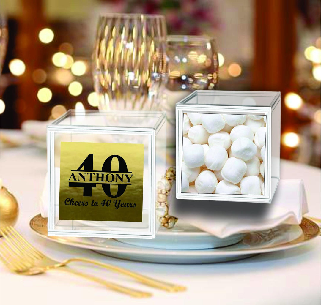 12 Pc Set Personalized 40th Birthday Clear Acrylic Box Party Favors , Mint Candy Container, Cheers to 40 Years, Custom Gold Foil Label