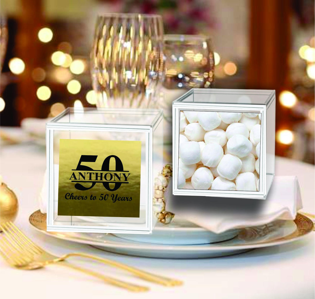 12 Pc Set Customized 50th Birthday Clear Acrylic Box Party Favors , Personalized Gold Foil Label Mint Candy Container, Cheers to 50 Years