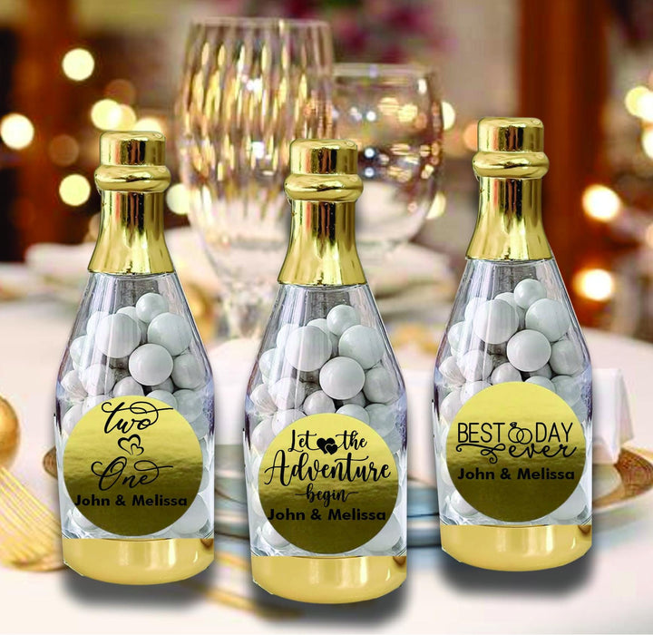 Set of 12 Customized Mini Champagne Bottle Wedding Favors Containers, Monogram Bridal Wedding Party favor, Gold Bottle Mint Candy Holder