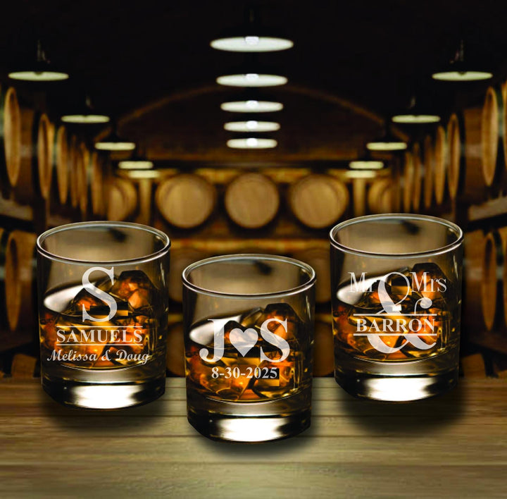 12 pc Set Monogram Bourbon Glass Wedding Favors, Custom Party Favor, Wedding Whiskey Glasses, Engraved Glass Favors, Monogram Wedding Gifts