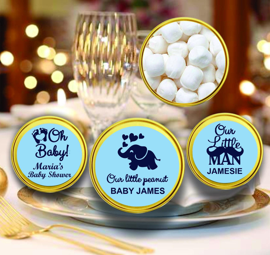 Custom Our Little Man Baby Shower Mint Tin Favors, Baby Keepsake Souvenirs, Baby Favors, Candy Containers, Personalized 2oz Gold Mint Tins