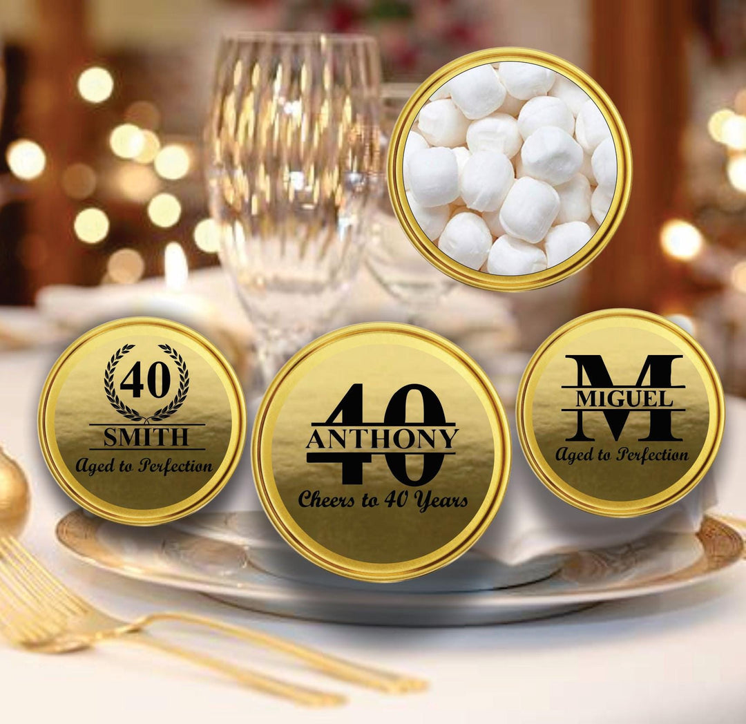 12 Pc Set Personalized 40th Birthday Gold Mint Tin Container, 2oz Metallic Candy Tin Container, Cheers to 40 Years, Milestone Party Favors