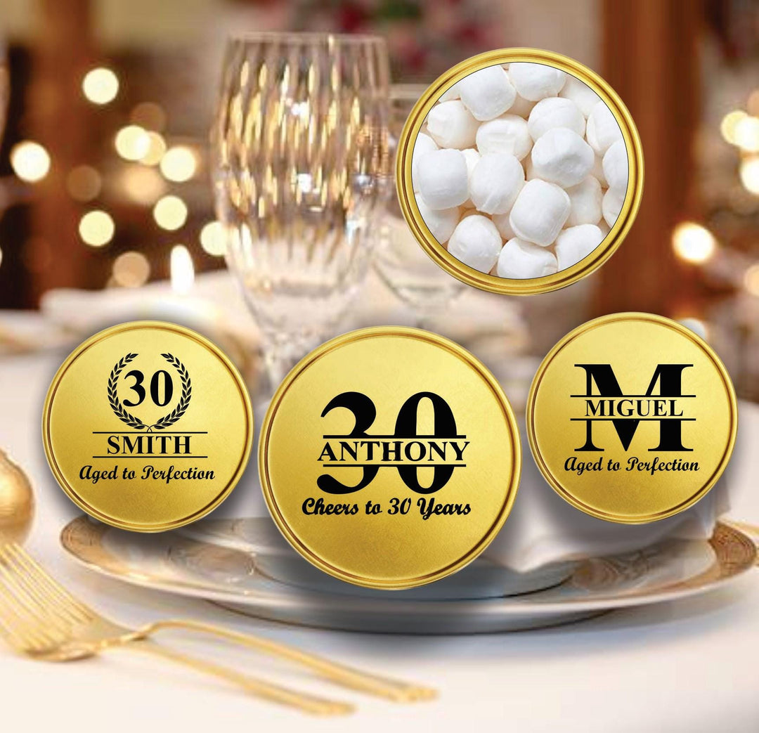12 Pc Set 30th Personalized Birthday Mint Tin Favor, 2oz Gold Metal Candy Tin Container, Cheers to 30 Years, Milestone Party Favors