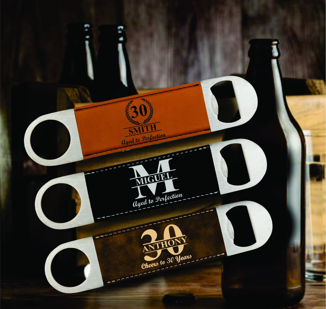 12 Pc Set 30th Birthday Personalized Beer Bottle Opener Favor, Party Favors, Custom Leatherette Metal Bottle Opener, Cheers to 30 Years