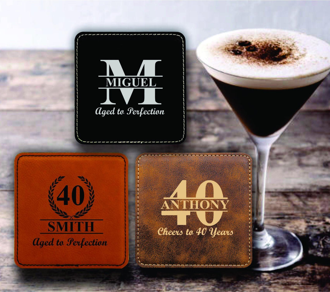 12 Pc Set Custom 40th Birthday Favors Coaster, Party Favors, Leatherette Drink Coasters, Personalized Milestone Birthday, Aged to Perfection