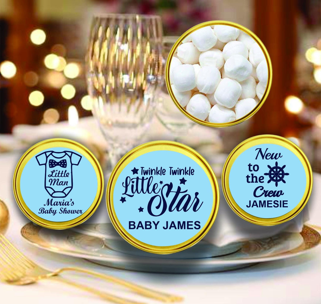Custom Our Little Man Baby Shower Mint Tin Favors, Baby Keepsake Souvenirs, Baby Favors, Candy Containers, Personalized 2oz Gold Mint Tins
