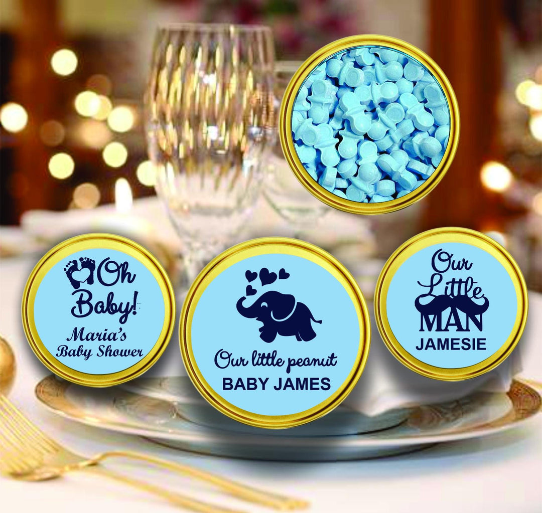 Custom Our Little Man Baby Shower Mint Tin Favors, Baby Keepsake Souvenirs, Baby Favors, Candy Containers, Personalized 2oz Gold Mint Tins