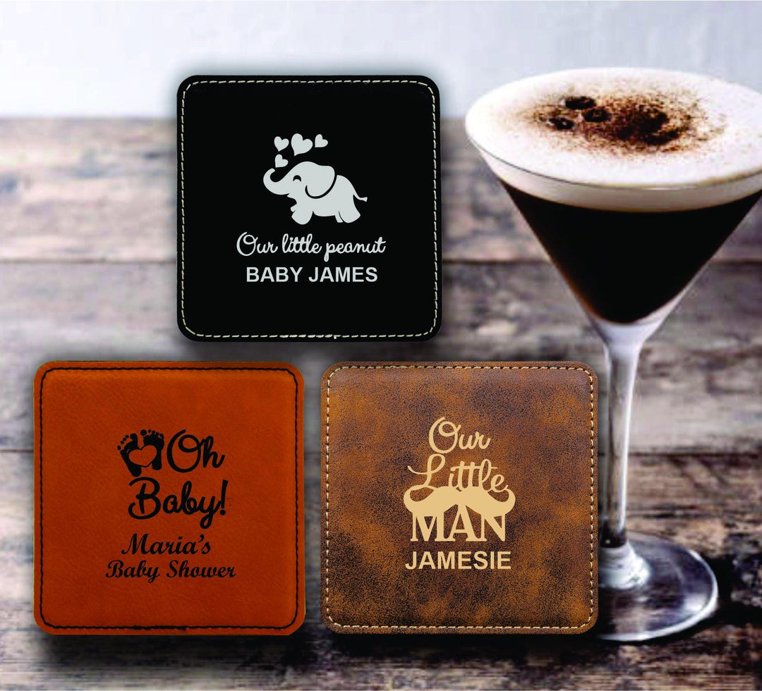Personalized Drink Coaster Baby Shower Favors, Custom Leatherette Coaster Party Favors, Practical Keepsake Favors, Baby Gender Reveal Gifts