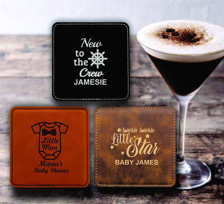 Personalized Drink Coaster Baby Shower Favors, Custom Leatherette Coaster Party Favors, Practical Keepsake Favors, Baby Gender Reveal Gifts