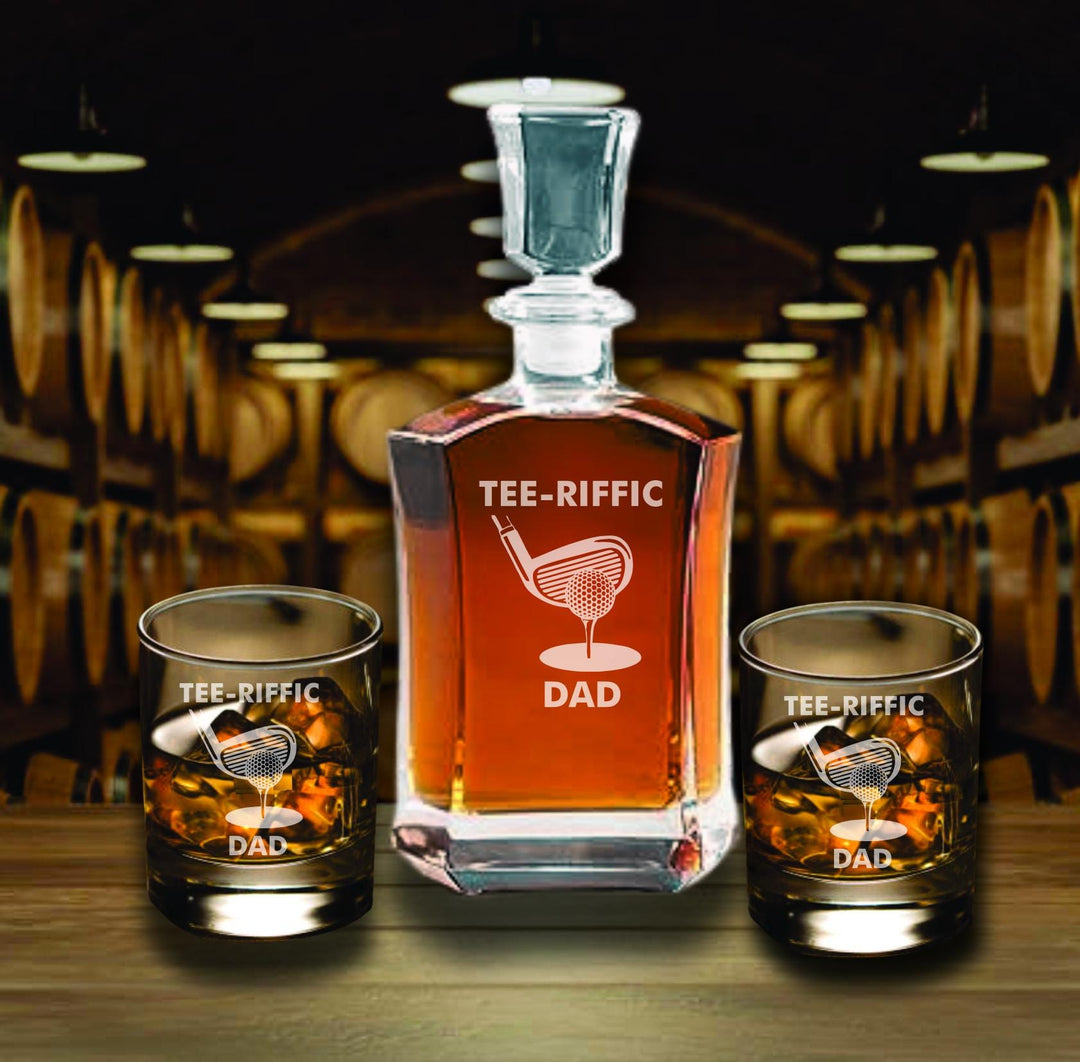 Tee-Riffic Dad Golf Theme Whiskey Decanter Gift Set, Personalized Father’s Day Gift, Engraved Golf Whiskey Glass, Gift from Son or Daughter