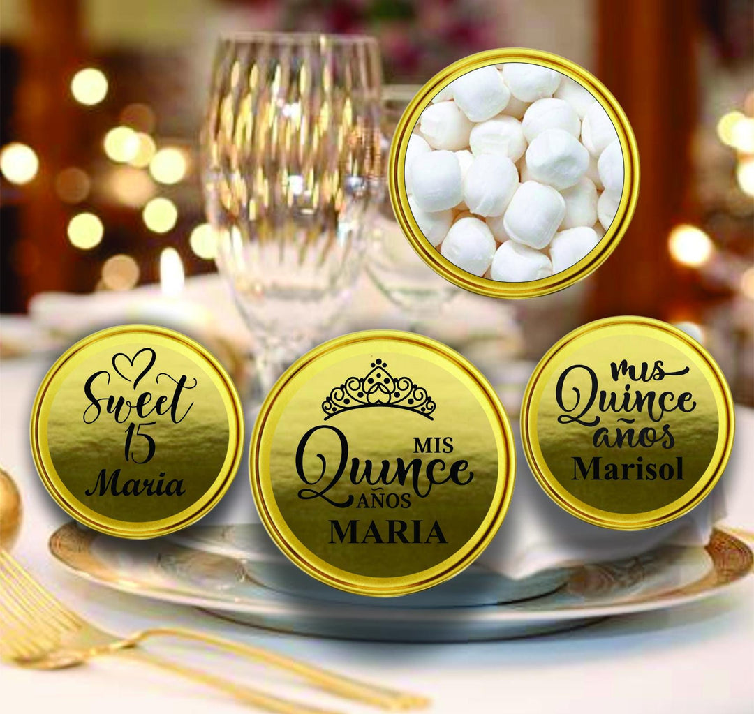12 Pc Set Sweet 15 Mint Tin Favors, Quinceañera Gold Metallic Candy Container, Mis Quince Años Personalized Favor, Custom Princess Party