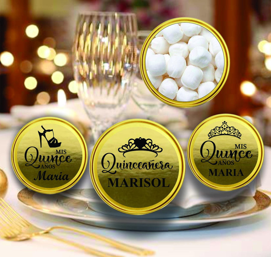 Tiara-Themed Quinceañera Mint Tin Favors, Sweet 15 Party Favor, Gold Metallic Candy Container, Mis Quince Años Personalized Favors, Princess