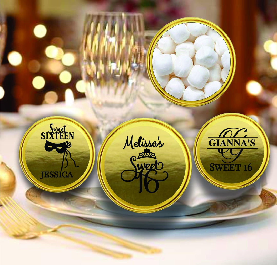 Gold Mint Tin Sweet 16 Favors, Personalized Sweet Sixteen Favors, Bulk Gold Mint Candy Container, Candy Buffet, Mint Candy favors, Princess