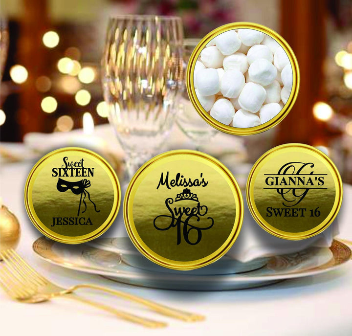 Gold Mint Tin Sweet 16 Favors, Personalized Sweet Sixteen Favors, Bulk Gold Mint Candy Container, Candy Buffet, Mint Candy favors, Princess