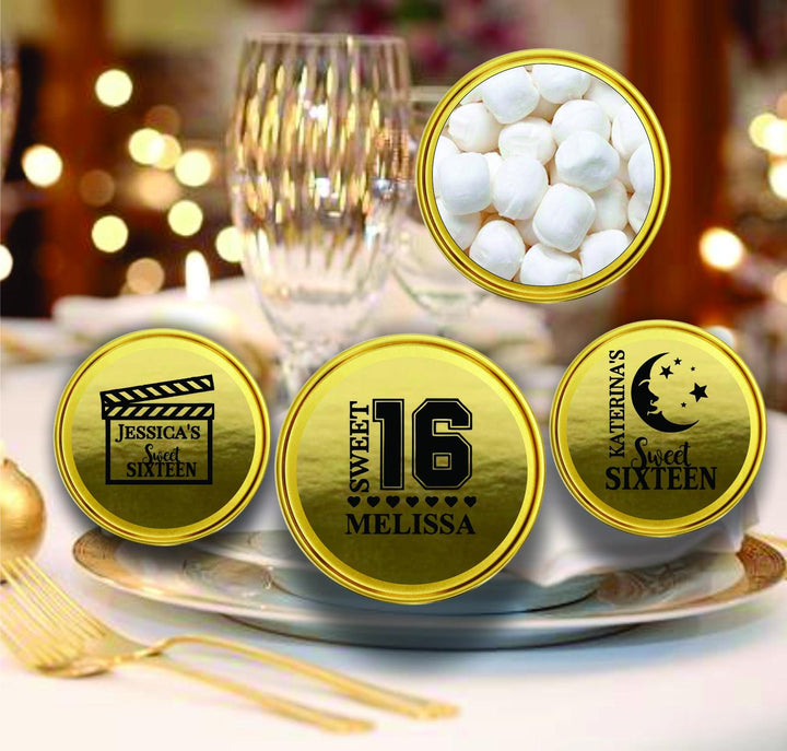 Gold Mint Tin Sweet 16 Favors, Personalized Sweet Sixteen Favors, Bulk Gold Mint Candy Container, Candy Buffet, Mint Candy favors, Princess