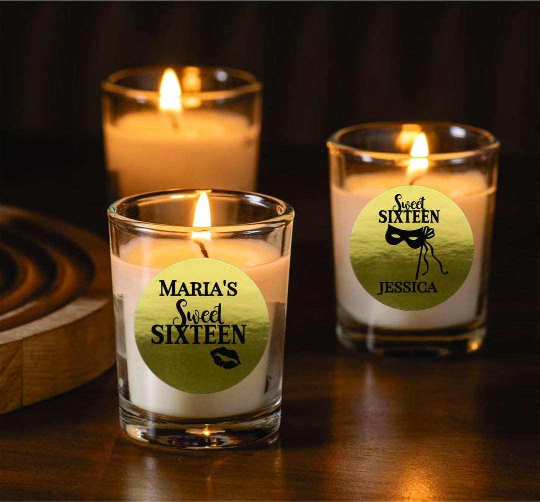 Sweet 16 Votive Candle Party Favor, Sweet Sixteen Personalized Candle Favors, Glass Votive Candle Holders, Candy Buffet, Keepsake Guest Gift
