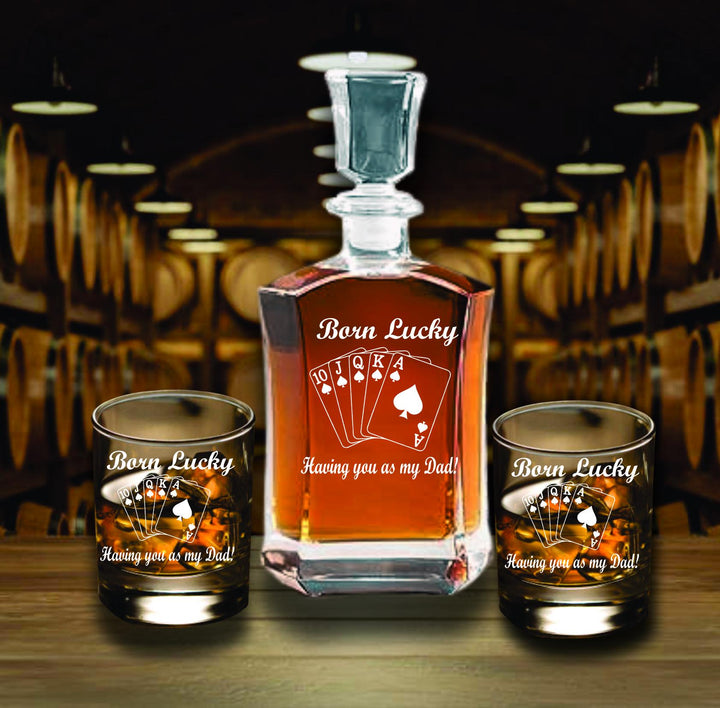 Born Lucky Having You as My Dad – Personalized Whiskey Decanter Set, Father’s Day Gift from Son or Daughter, Custom Engraved Barware for Dad