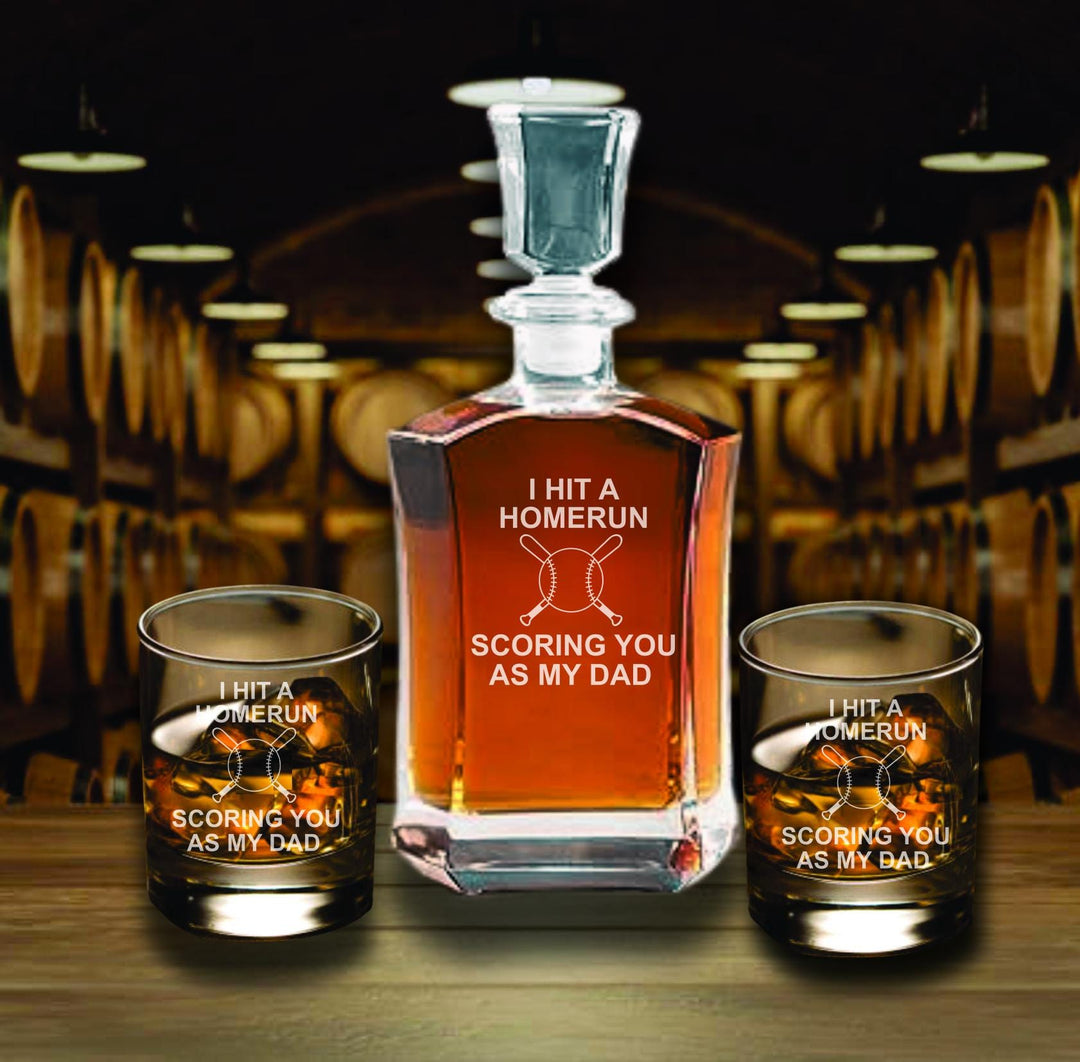 Home Run Dad Whiskey Decanter Set – Personalized Father’s Day Gift, Baseball Dad Gift, Engraved Whiskey Set, Gift from Son or Daughter