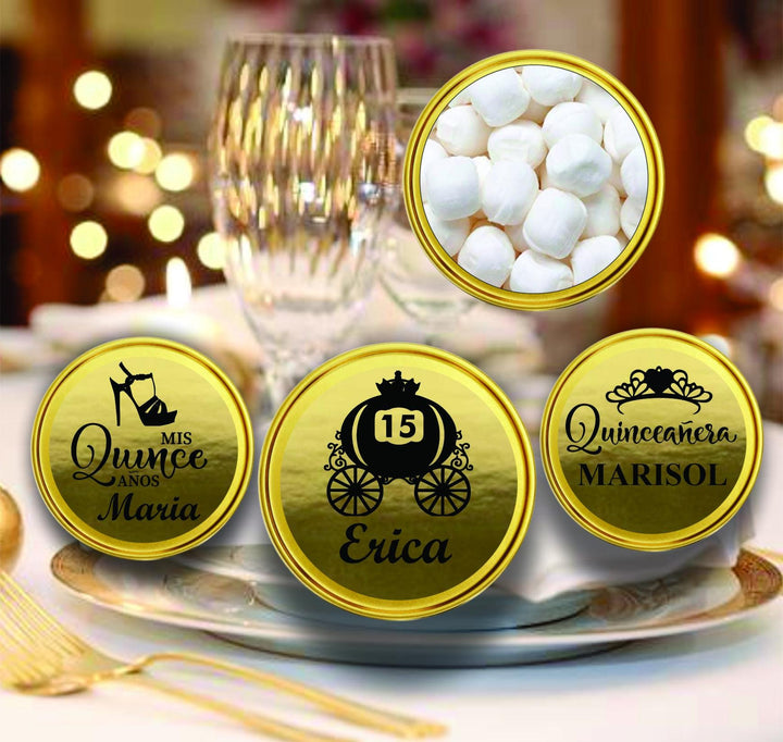 12 Pc Set Sweet 15 Mint Tin Favors, Quinceañera Gold Metallic Candy Container, Mis Quince Años Personalized Favor, Custom Princess Party