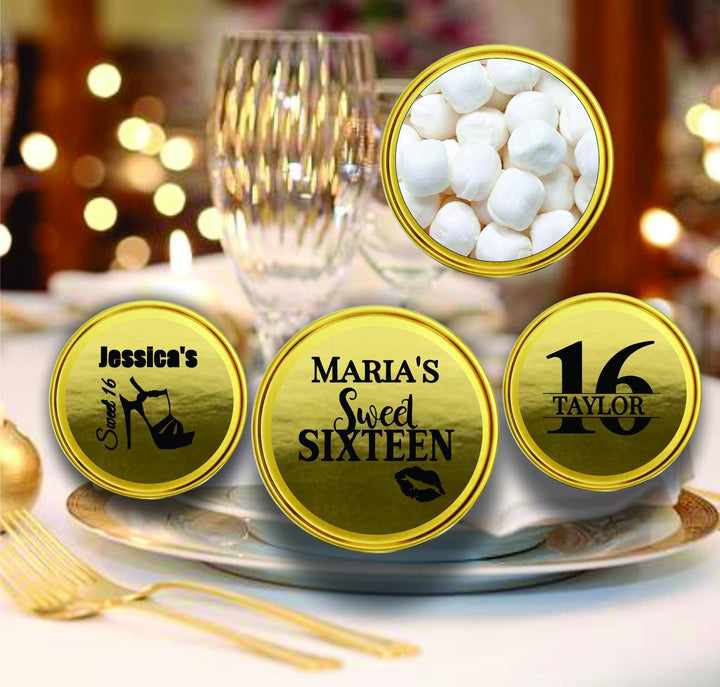Gold Mint Tin Sweet 16 Favors, Personalized Sweet Sixteen Favors, Bulk Gold Mint Candy Container, Candy Buffet, Mint Candy favors, Princess
