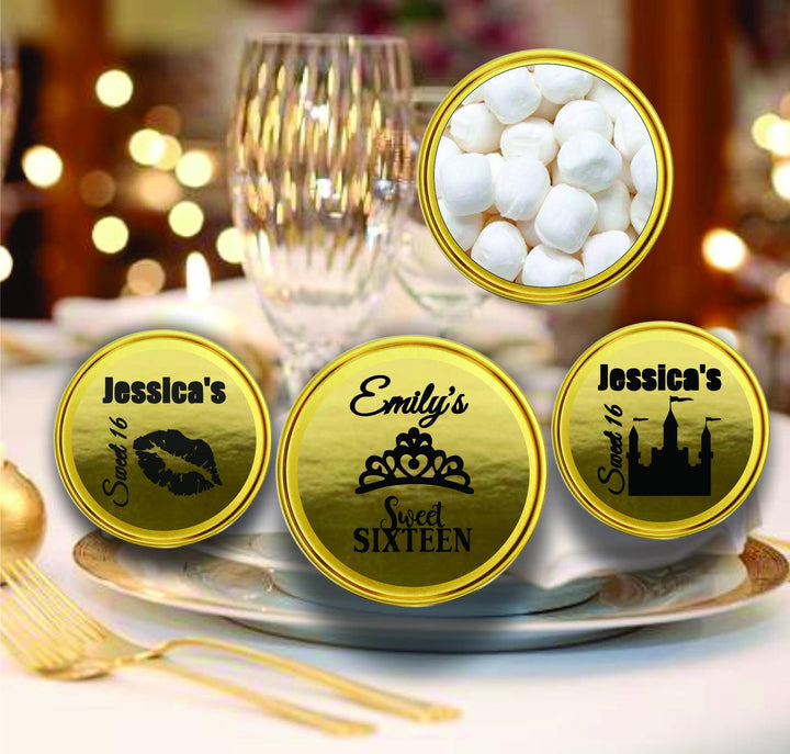Custom Mint Tin Sweet 16 Party Favors, Personalized Sweet Sixteen Favors, Bulk Gold Mint Candy Container, Candy Buffet, Guest Favors Gift