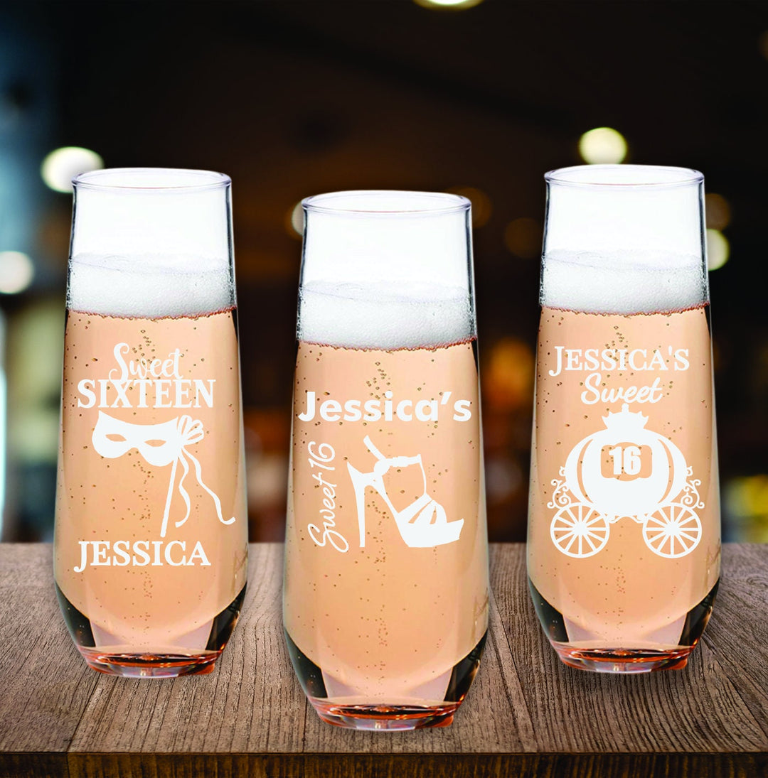 Sweet 16 Champagne Glass Favors, Personalized 16th Birthday Party Favor, Engraved Champagne Flutes, Sweet Sixteen Champagne Party Gifts