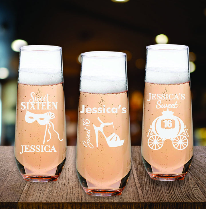 Sweet 16 Champagne Glass Favors, Personalized 16th Birthday Party Favor, Engraved Champagne Flutes, Sweet Sixteen Champagne Party Gifts