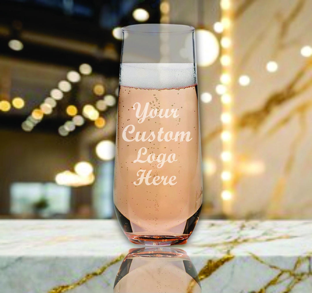Bulk Logo Stemless Champagne Glass - Personalized Engraved Glasses, Corporate Gifts, Company Holiday Party, Business Branding, Bulk Orders