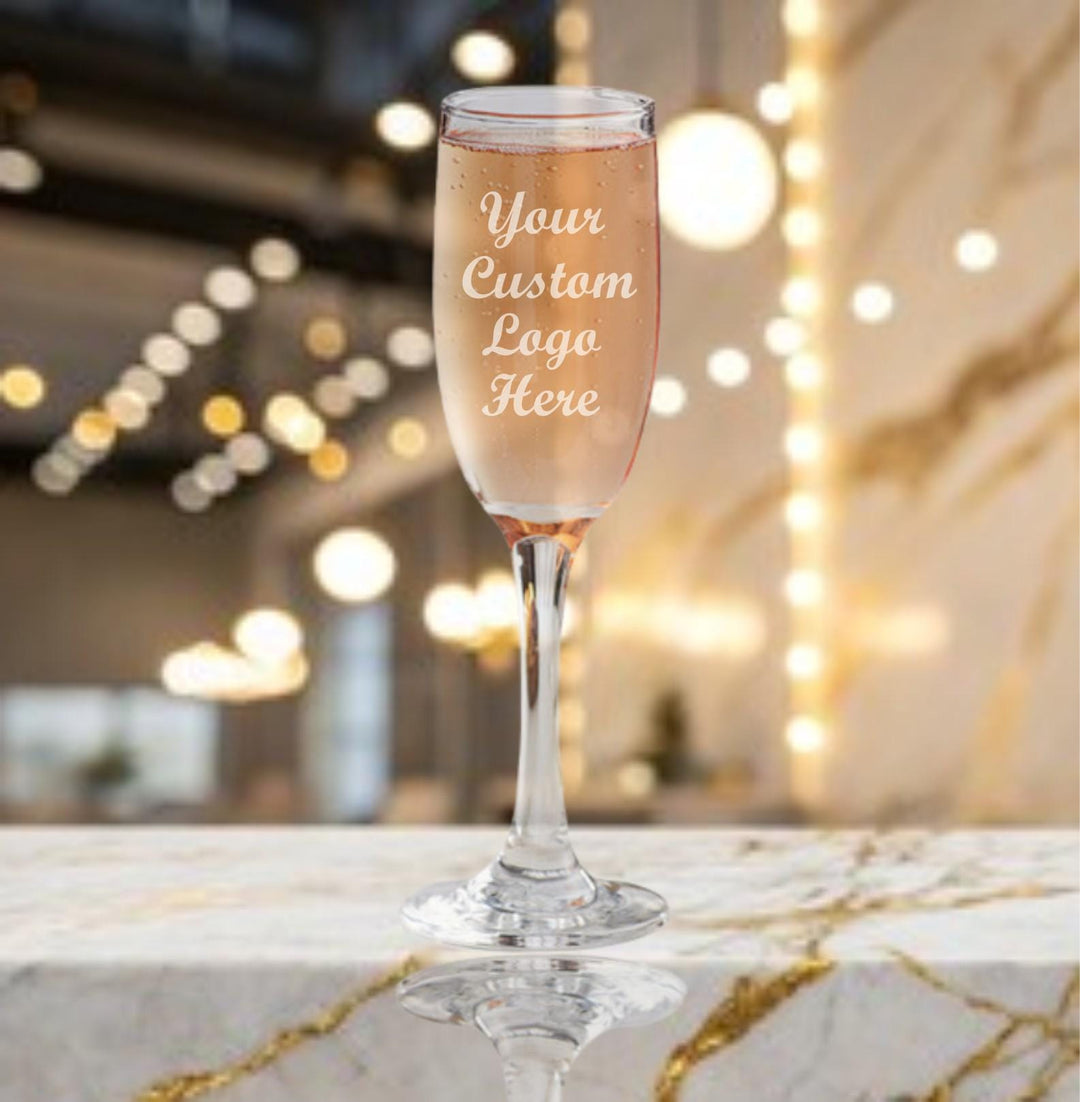 Custom Logo Champagne Flutes, Personalized Engraved Champagne Glasses, Corporate Logo Gifts, Company Holiday Party, Business Bulk Orders