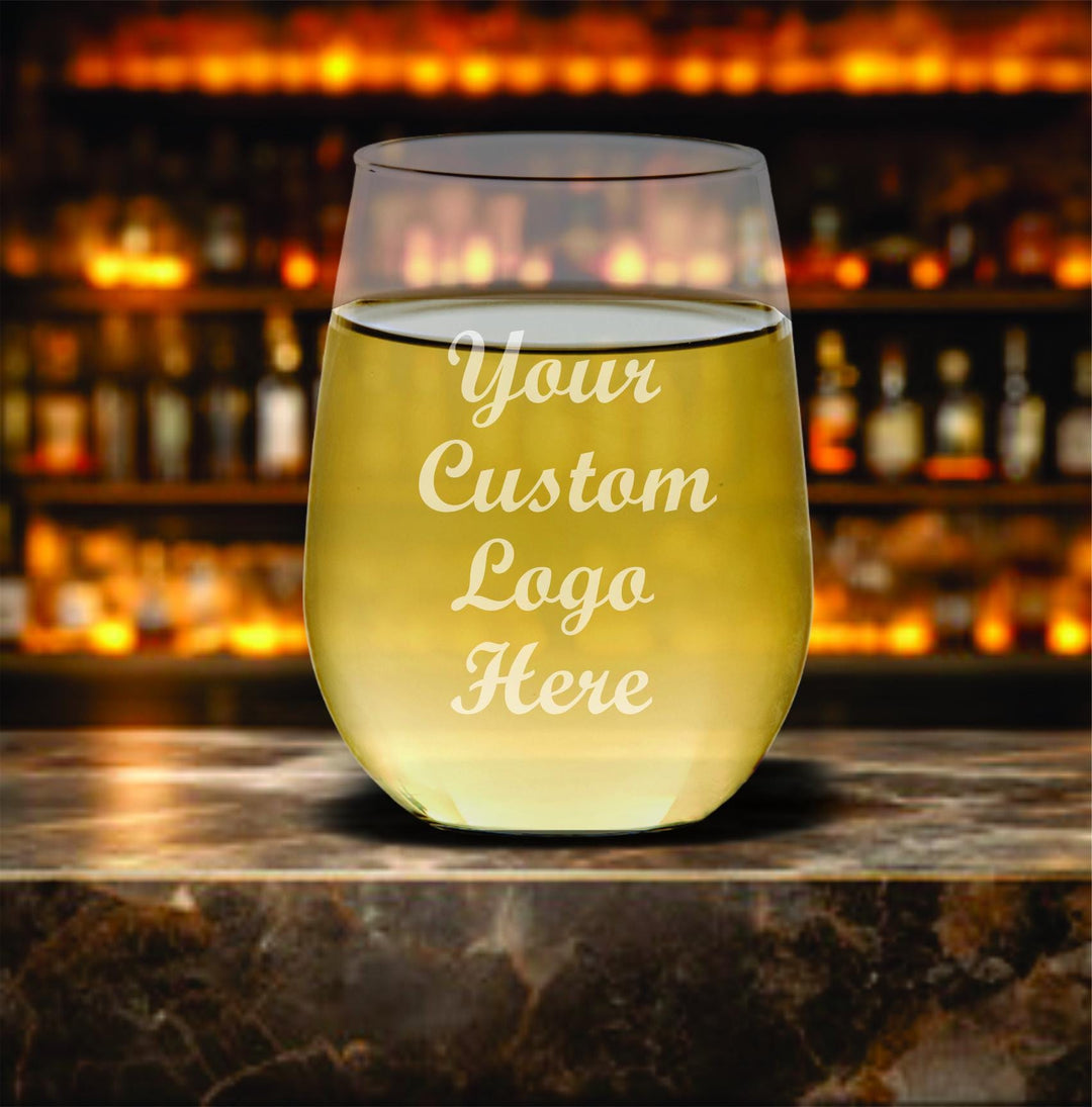 Custom Logo Stemless Wine Glass - 15oz Personalized Engraved Glasses Corporate Gifts, Company Holiday Party, Business Branding, Bulk Orders