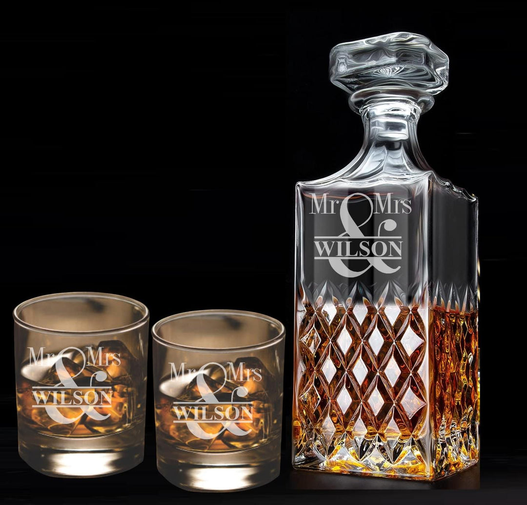 Personalized Whiskey Decanter with Engraved Rocks Glass - Customized Gift for Men and Husbands