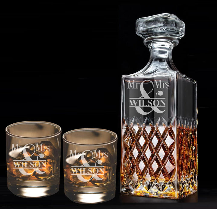 Personalized Whiskey Decanter with Engraved Rocks Glass - Customized Gift for Men and Husbands