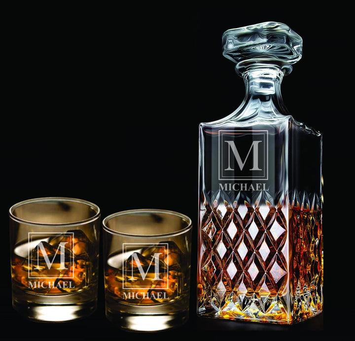 Engraved Bourbon Decanter - Personalized Whiskey Glasses - Customized Liquor Bottle - Son and Husbands
