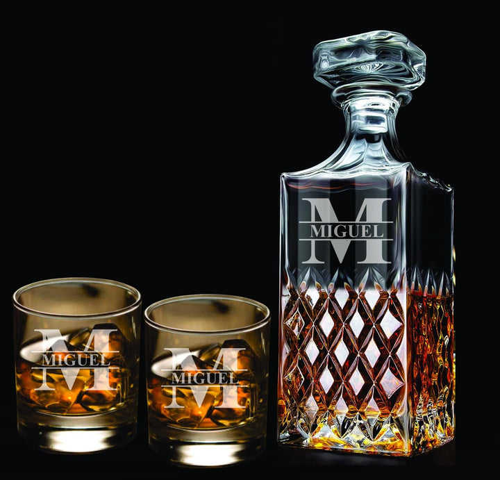 Personalized Whiskey Decanter with Engraved Rocks Glass - Customized Gift for Men and Husbands