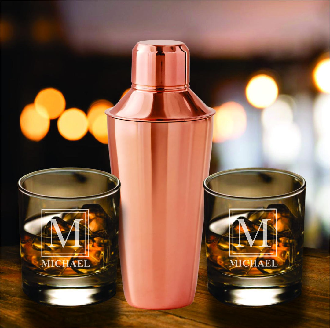 Copper Cocktail Shaker Set – Personalized Martini Maker - Engraved Whiskey Glasses – Custom Barware -for Men - Home Bar Gift Set